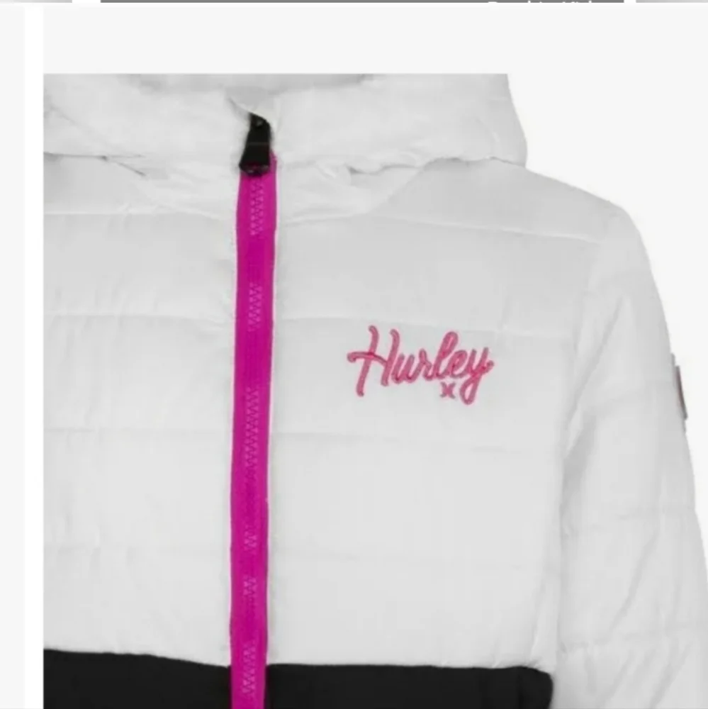 HURLEY girls faux fur zipper hooded puffer jacket white black pink Barbie style